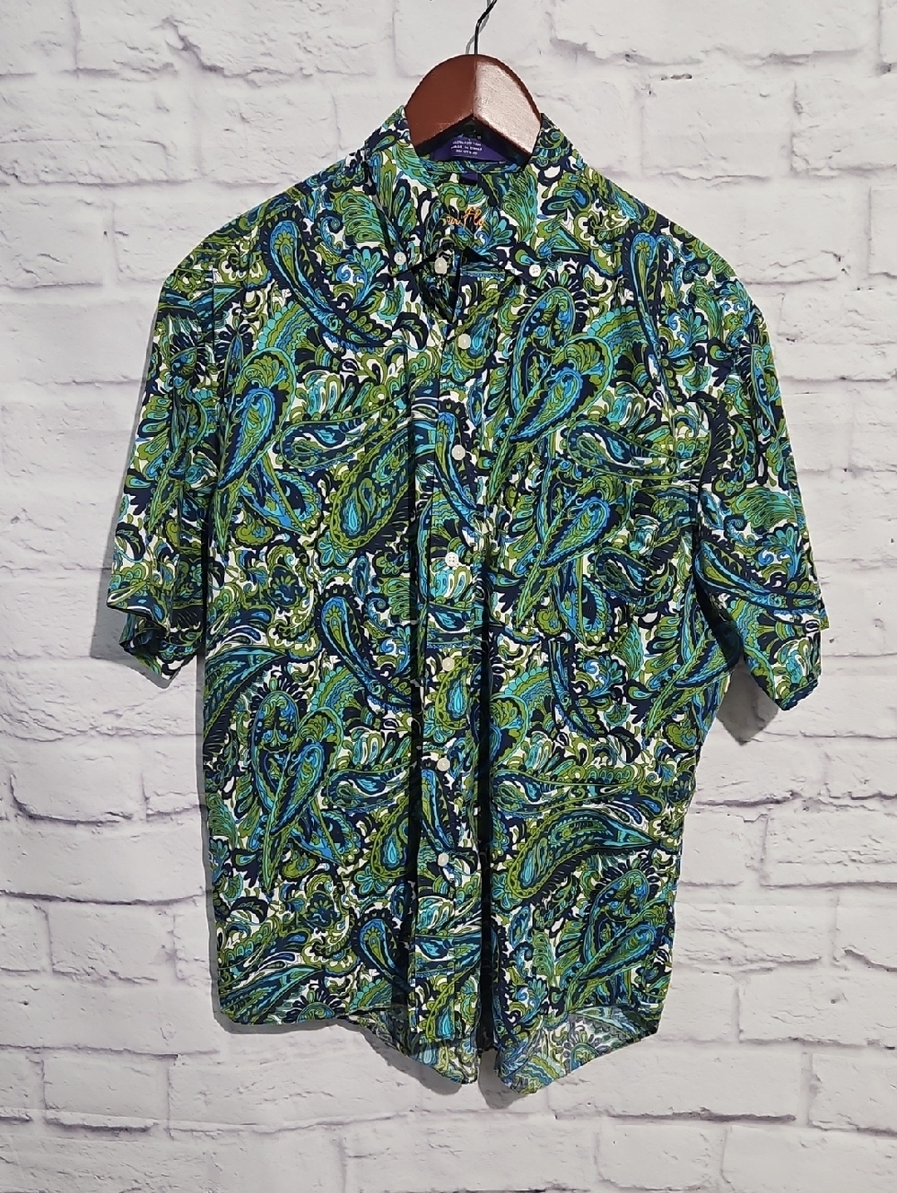 Alan Flusser Blue and Green Paisley Short-Sleeve Button-Up Shirt